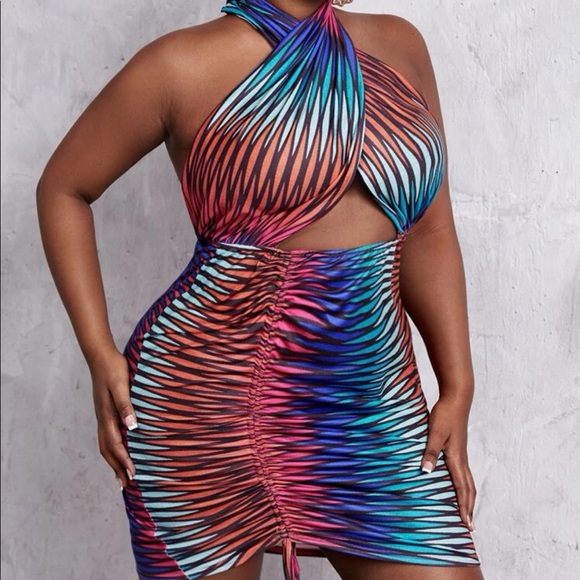 Shein Sky Dresses & Skirts - Plus Allover Print Drawstring Front Peekaboo Backless Halter Dress